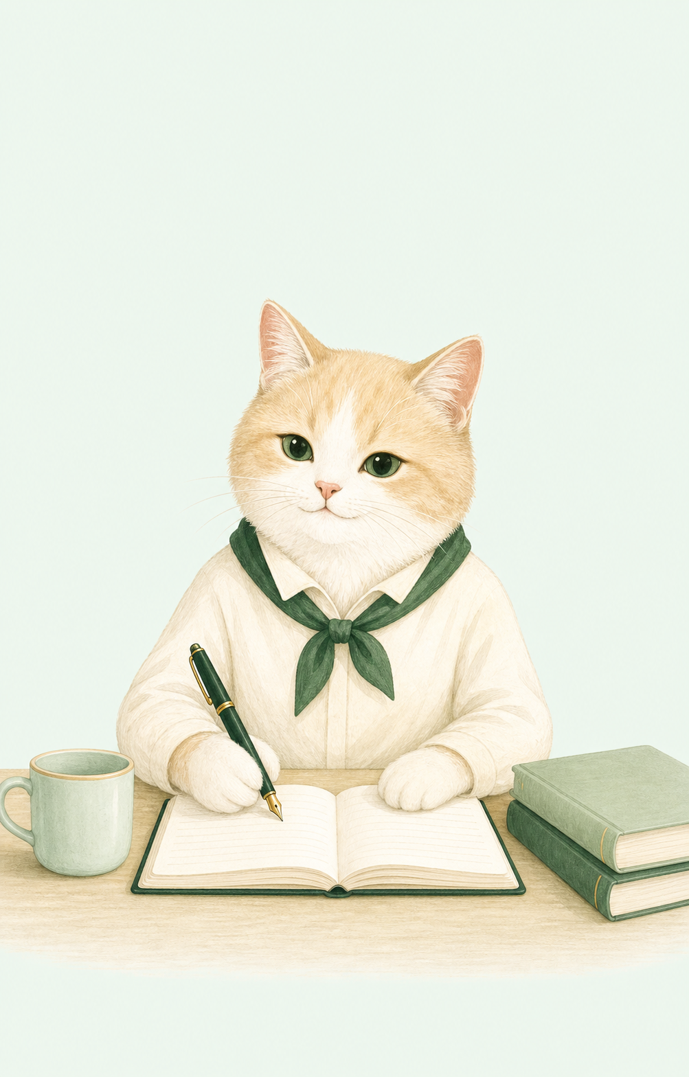 一只在书桌前写笔记的奶油色猫咪